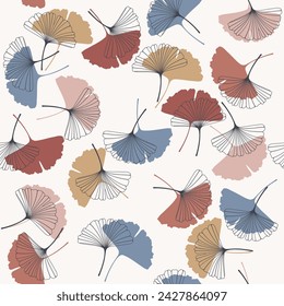 Colored Seamless pattern with skeletonized ginkgo biloba leaves with veins on white background. Vector illustration of EPS10