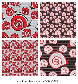 Colored Seamless Pattern. Snail And Sink. Seamless Vector Background With Geometric Shapes. Set of Wallpaper in Red, Black and Grey Colors.