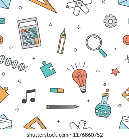 Colored seamless pattern with stationery and items for school, college or university education and scientific research on white background. Vector illustration in line art style for wrapping paper.