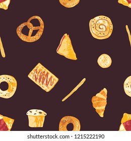 Colored seamless pattern with tasty fresh baked products and homemade sweet pastry or desserts made of dough on dark background. Vector illustration for textile print, backdrop, wrapping paper.