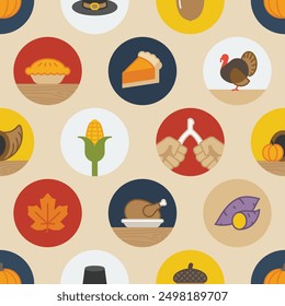 Colored seamless pattern of thanksgiving and autumn related circular icons