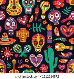 Colored seamless pattern with traditional Dia de los Muertos decorations on black background. Holiday backdrop. Festive flat cartoon vector illustration for wrapping paper, textile print, wallpaper.