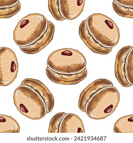 Patrón ininterrumpido de color de un donut tradicional alemán o polaco con mermelada, empolvado. Esbozo dibujado a mano. Ilustración vintage. Dulces pasteleros, postre. 