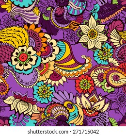 Colored seamless pattern with traditional indian ornamental design. Floral background for your design wallpapers, pattern fills, web page backgrounds, surface textures.