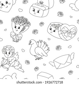 Colored seamless pattern. Valentine's Day. Cartoon style. Hand drawn. Vector illustration isolated on white background.