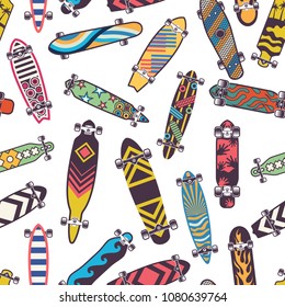 Colored seamless pattern with various skateboards