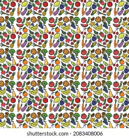 Patrón sin fisuras de color con iconos de verduras y frutas. iconos de alimentación vectorial