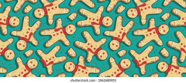 Colored seamless pattern wallpaper with christmas gingerbread man for the new year holiday. Winter illustration for december party design