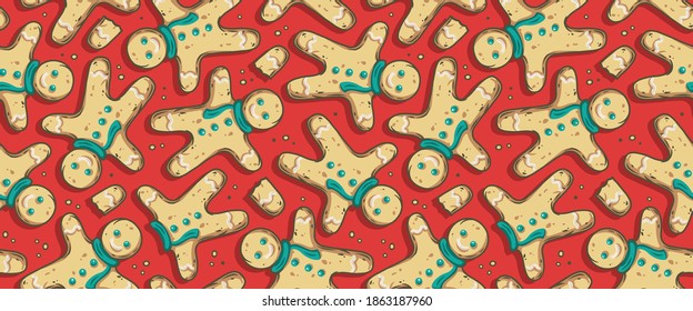 Colored seamless pattern wallpaper with christmas gingerbread man for the new year holiday. Winter illustration for december party design