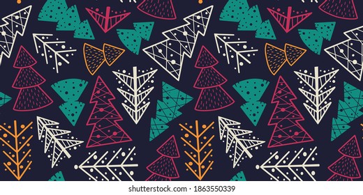 Colored seamless pattern wallpaper with christmas forest silhouette for the new year holiday. Winter illustration of spruce tree for december design
