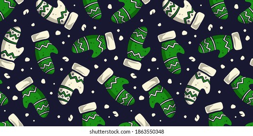 Papel pintado de patrón sin fisuras de color con ropa de navidad para las vacaciones de año nuevo. Ilustración invernal de mitones y nieve para el diseño de la fiesta de diciembre