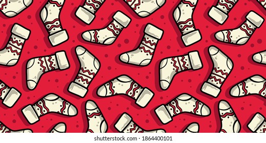 Colored seamless pattern wallpaper with christmas sock for the new year holiday. Winter illustration of mittens and snow for december party design