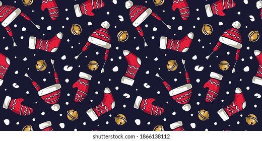Papel pintado de patrón impecable de color con ropa de navidad y campanas para las vacaciones de año nuevo. Ilustración de invierno mitones, sombrero y calcetín para diseño de fiesta de diciembre