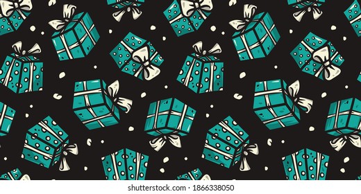 Colored seamless pattern wallpaper with christmas gifts for the new year holiday. Winter illustration for december party design