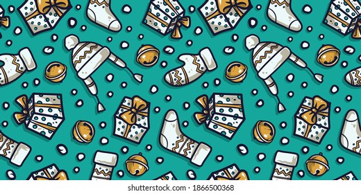 Colored seamless pattern wallpaper with christmas clothes, gifts and bells for the new year holiday. Winter illustration mittens, hat and sock for december party design