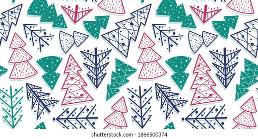Colored seamless pattern wallpaper with christmas forest silhouette for the new year holiday. Winter illustration of spruce tree for december design