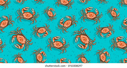 Papel tapiz de color sin costura con cangrejo. Animales submarinos, vida marina salvaje para diseño marino