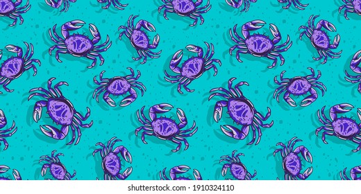 Papel tapiz de color sin costura con cangrejo. Animales submarinos, vida marina salvaje para diseño marino