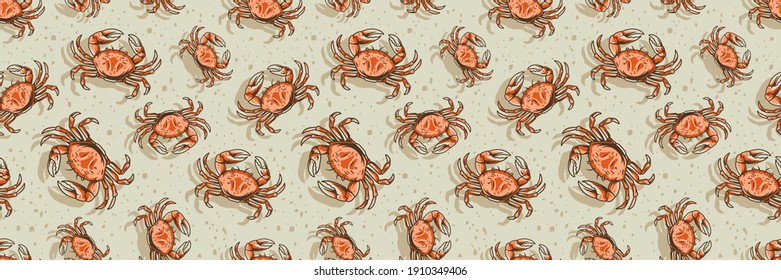 Papel tapiz de color sin costura con cangrejo. Animales submarinos, vida marina salvaje para diseño marino