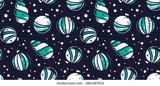 Colored seamless pattern wallpaper with decorative christmas balls for the new year holiday. Winter illustration for december party design
