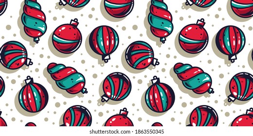 Colored seamless pattern wallpaper with decorative christmas balls for the new year holiday. Winter illustration for december party design