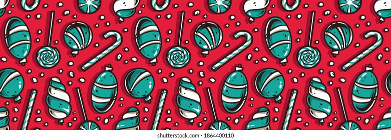 Colored seamless pattern wallpaper with decorative christmas balls and sweet lollipops for the new year holiday. Winter illustration for december party design