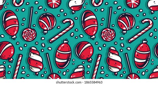 Colored seamless pattern wallpaper with decorative christmas balls and sweet lollipops for the new year holiday. Winter illustration for december party design