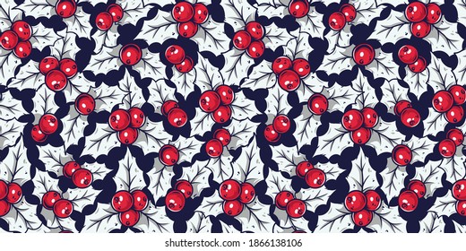 Colored seamless pattern wallpaper with decorative christmas holly for the new year holiday. Winter vector illustration for december party design
