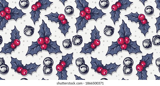 Colored seamless pattern wallpaper with decorative christmas holly for the new year holiday. Winter vector illustration for december party design