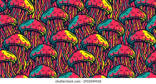 Colored seamless pattern wallpaper with jellyfish. Underwater animals, west coast, wild ocean life for marine design