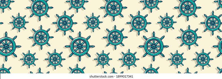 Colored seamless pattern wallpaper with nautical helm. Old, vintage, and antique steering symbol. Ocean life for marine design
