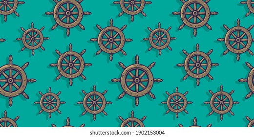 Colored seamless pattern wallpaper with nautical helm. Old vintage antique steering symbol. Ocean life for marine design