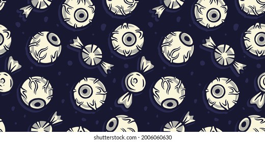 Colored seamless pattern wallpaper with scary horrible eyes, sweets and candy illustrations for halloween holiday design. October party banner, poster or postcard