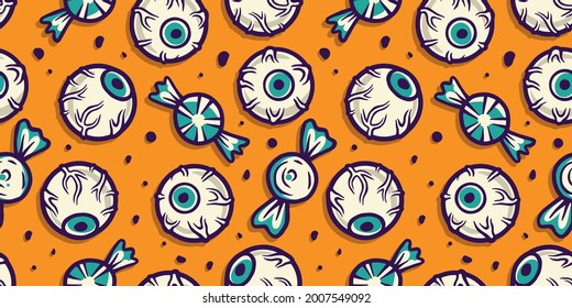 Colored seamless pattern wallpaper with scary horrible eyes, sweets and candy illustrations for halloween holiday design. October party banner, poster or postcard
