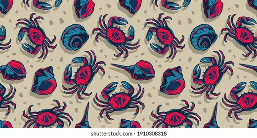 Colored seamless pattern wallpaper with seashell mollusk and crab. Underwater animals, wild ocean life for marine design