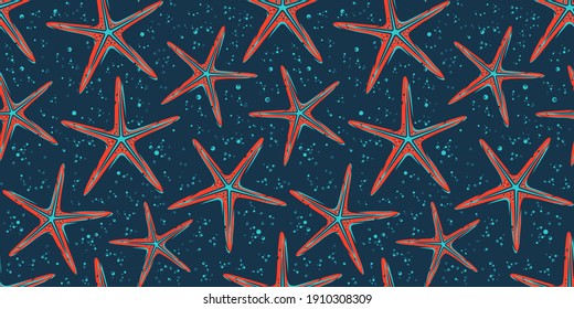 Colored seamless pattern wallpaper with starfish. Underwater animals, west coast, wild ocean life for marine design