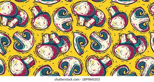 Colored seamless pattern wallpaper. Vector illustration of champignon. Autumn mushroom picking for vegan food and cooking design