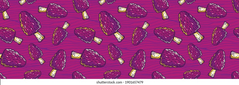 Colored seamless pattern wallpaper. Vector illustration of morel. Autumn mushroom picking for vegan food and cooking design