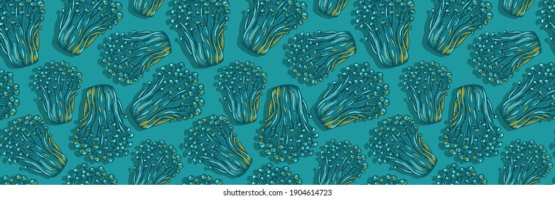 Colored seamless pattern wallpaper. Vector illustration of enoki. Autumn mushroom picking for vegan food and cooking design