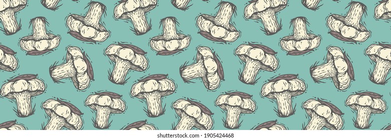 Colored seamless pattern wallpaper. Vector illustration of milk agaric. Autumn mushroom picking for vegan food and cooking design