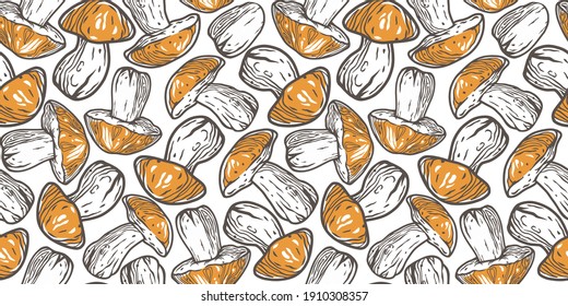 Colored seamless pattern wallpaper. Vector illustration of boletus. Autumn mushroom picking for vegan food and cooking design