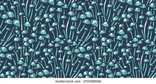 Colored seamless pattern wallpaper. Vector illustration of enoki. Autumn mushroom picking for vegan food and cooking design