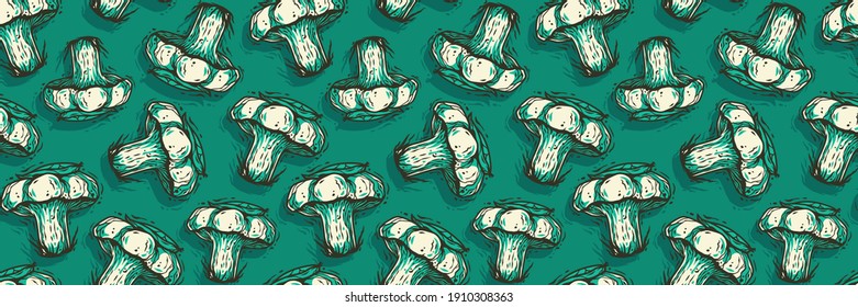 Colored seamless pattern wallpaper. Vector illustration of milk agaric. Autumn mushroom picking for vegan food and cooking design