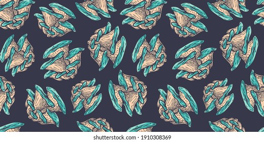 Colored seamless pattern wallpaper. Vector illustration of oyster. Autumn mushroom picking for vegan food and cooking design