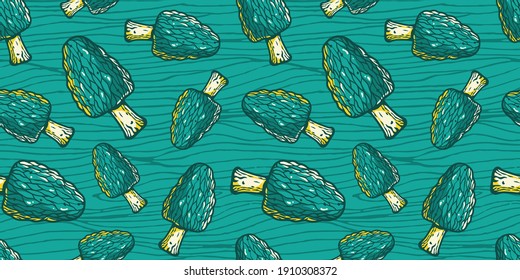 Colored seamless pattern wallpaper. Vector illustration of morel. Autumn mushroom picking for vegan food and cooking design