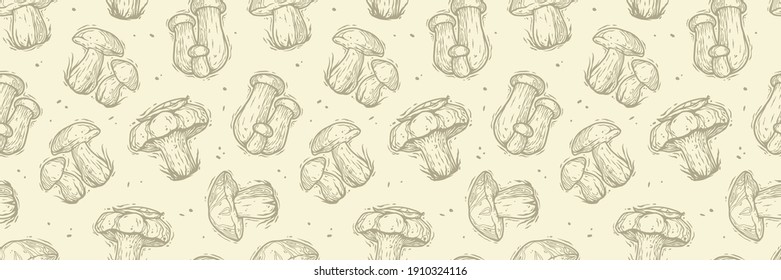 Colored seamless pattern wallpaper. Vector illustration of mushrooms. Autumn mushroom picking for vegan food and cooking design