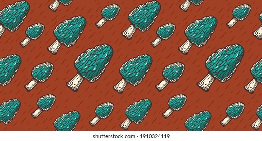 Colored seamless pattern wallpaper. Vector illustration of morel. Autumn mushroom picking for vegan food and cooking design