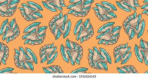 Colored seamless pattern wallpaper. Vector illustration of oyster. Autumn mushroom picking for vegan food and cooking design