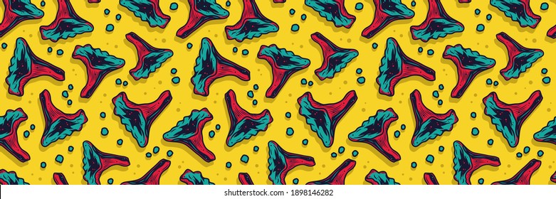 Colored seamless pattern wallpaper with vegetarian chanterelle silhouette for menu. Autumn illustration of mushroom picking for nature design