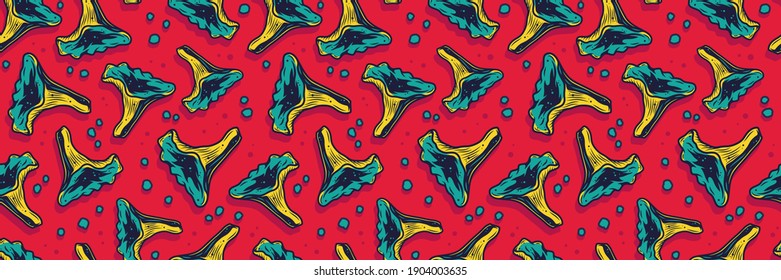 Papel de paredes de color sin fisuras con silueta de arañas vegetarianas para el menú. Ilustración otoñal de recolección de hongos para el diseño de la naturaleza